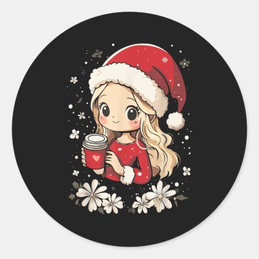 クリスマスサンタガールコーヒーフラワーキッズサンタウォーム ラウンドシール (正面)