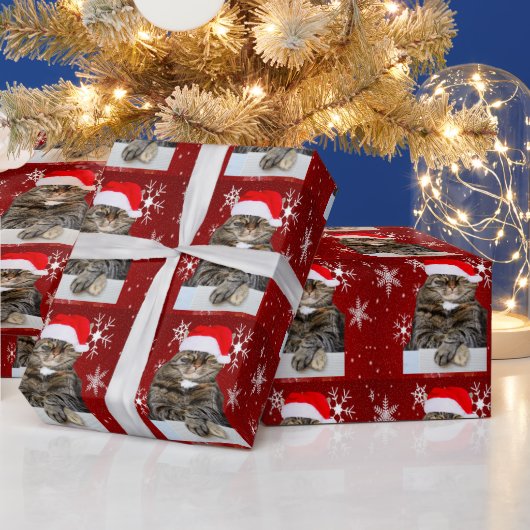 クリスマスサンタキャットハバグ写真レッドスノーフレーク ラッピングペーパー (クリスマス)