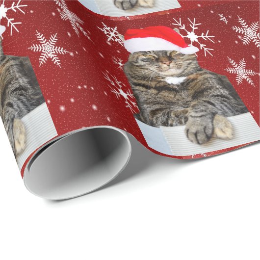 クリスマスサンタキャットハバグ写真レッドスノーフレーク ラッピングペーパー (ロールコーナー)