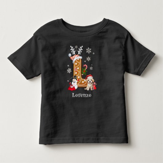 クリスマスサンタギンガーブレッドの名前レターLボーイ トドラーTシャツ (正面)