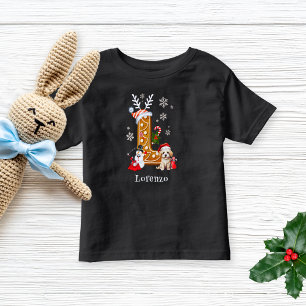 クリスマスサンタギンガーブレッドの名前レターLボーイ トドラーTシャツ