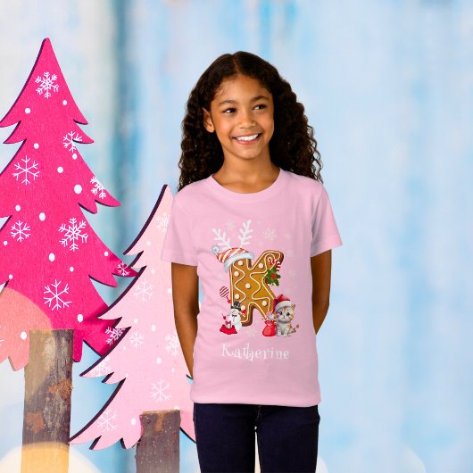 クリスマスサンタギンガーブレッドアルファベットKガールズ Tシャツ