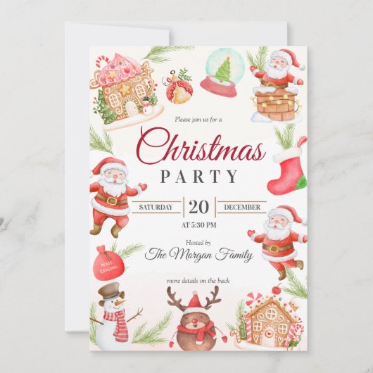 クリスマスサンタギンガーブレッドホリデーパーティー 招待状 (正面)