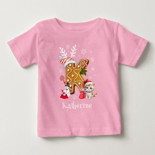 クリスマスサンタギンガーブレッド名レターKガール ベビーTシャツ (正面)