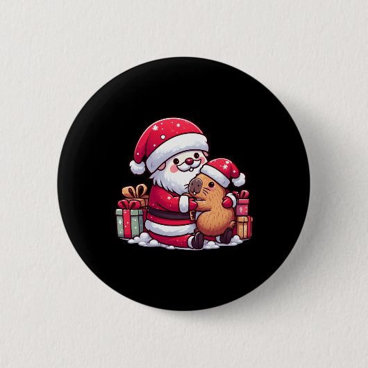 クリスマスサンタクロースかわいいキャピバラとS 缶バッジ (正面)