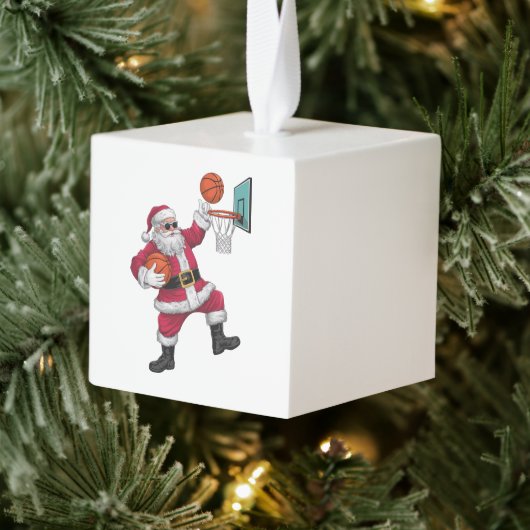 クリスマスサンタクロースがバスケットボールダンキングクリスマス キューブオーナメント (ツリー)
