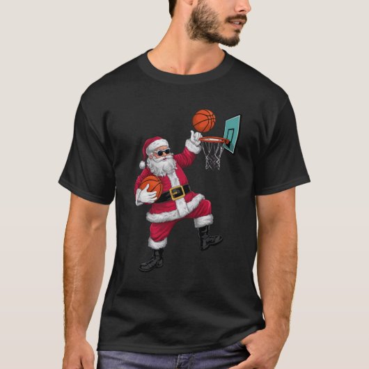 クリスマスサンタクロースがバスケットボールダンキングクリスマス Tシャツ (正面)