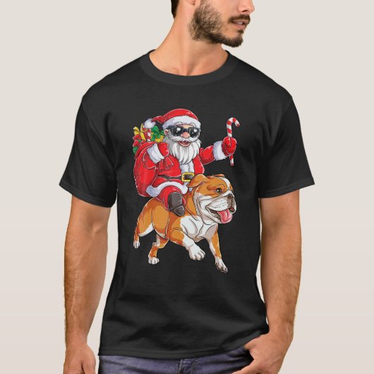 クリスマスサンタクロースが英国のブルドッグクリスマスに乗る Tシャツ (正面)