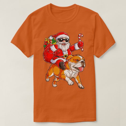 クリスマスサンタクロースが英国のブルドッグクリスマスに乗る Tシャツ (デザイン正面)