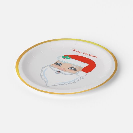 クリスマスサンタクロースとゴールデンフレーム ペーパープレート (アングル)