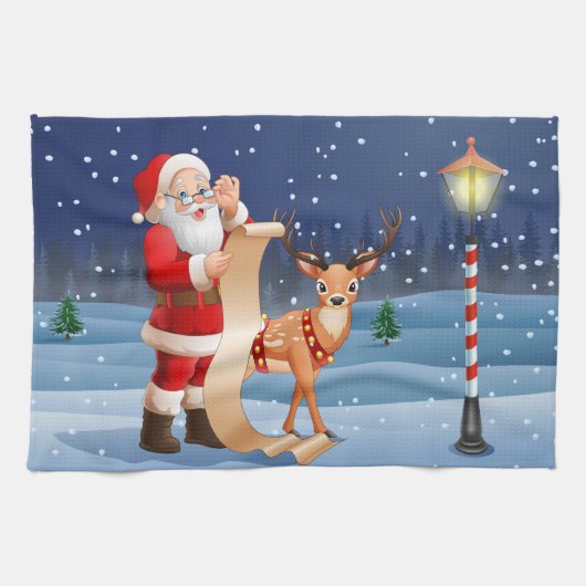 クリスマスサンタクロースとトナカイ キッチンタオル (横)