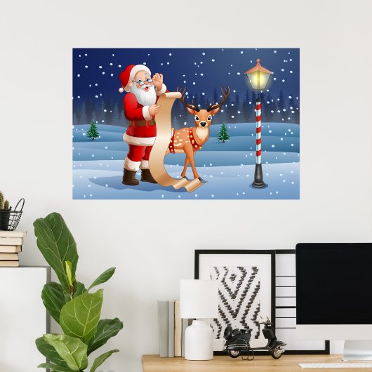 クリスマスサンタクロースとトナカイ ポスター (ホームオフィス)