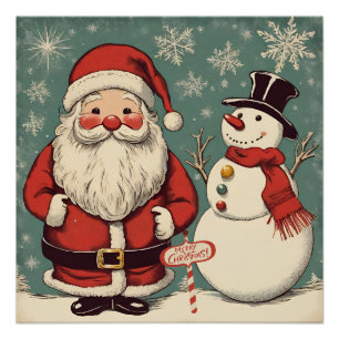 クリスマスサンタクロースと雪だるま ポスター