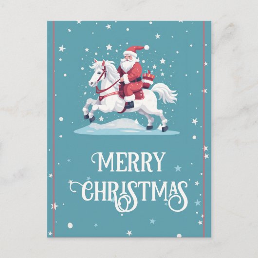 クリスマスサンタクロースと馬の漫画 ポストカード (正面)