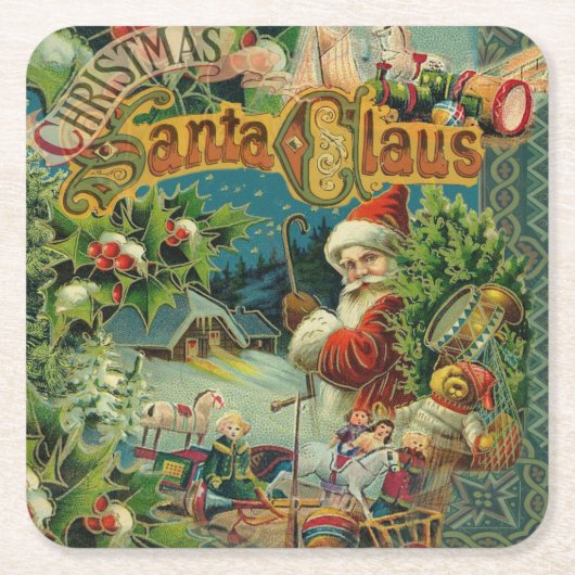 クリスマスサンタクロースアンティークアート スクエアペーパーコースター (正面)