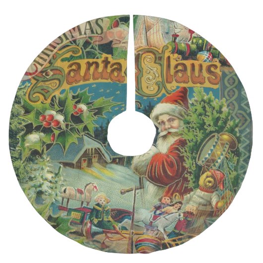 クリスマスサンタクロースアンティークアート ブラッシュドポリエステルツリースカート (正面)
