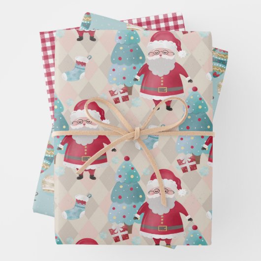 クリスマスサンタクロースオーナメント&レッドギンガムチェック ラッピングペーパーシート (インサイチュ)