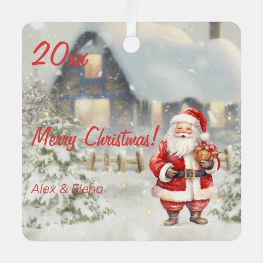 クリスマスサンタクロースハウスフォトスクエアオーナメント メタルオーナメント (正面)