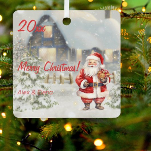 クリスマスサンタクロースハウスフォトスクエアオーナメント メタルオーナメント