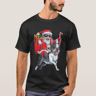 クリスマスサンタクロースライディングボストンテリアクリスマスB Tシャツ