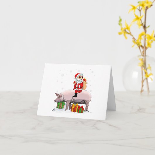 クリスマスサンタクロース乗り豚クリスマス休日 カード (黄色い花)