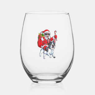 クリスマスサンタクロース乗馬ブルフランスのドッグクリスマスB ステムなしワイングラス