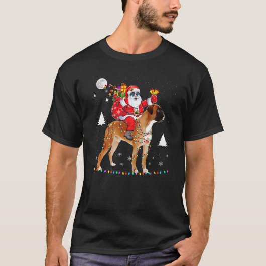 クリスマスサンタクロース乗馬ボクサー犬ライトクリスマス Tシャツ (正面)