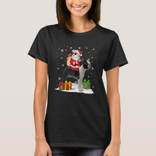 クリスマスサンタクロース乗馬ボストンテリアクリスマスH Tシャツ (正面)