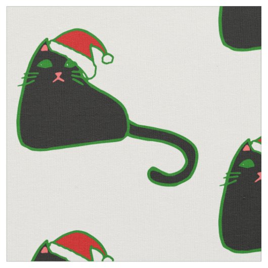 クリスマスサンタクロース帽子の黒猫 ファブリック (クローズアップ)