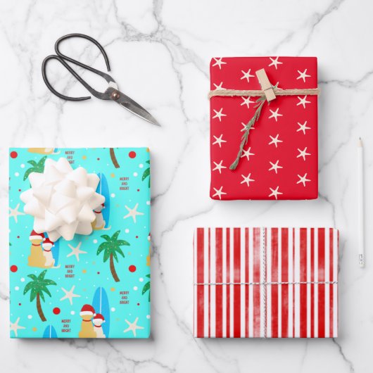 クリスマスサンタサーフィンドッグズギフトラップセット3 ラッピングペーパーシート (正面)