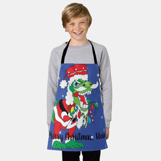 クリスマスサンタザウルス エプロン (着用した状態)