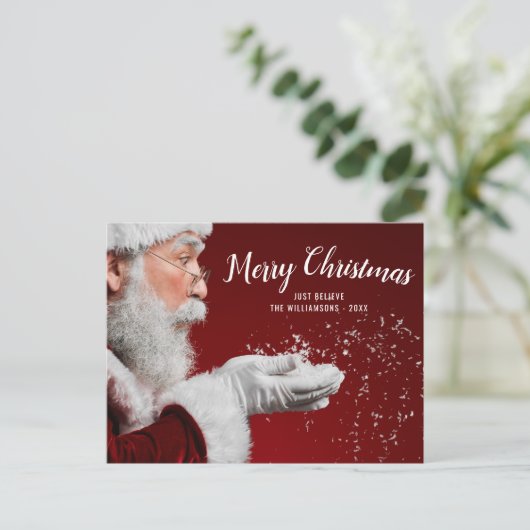 クリスマスサンタジャスト信じカスタムの家族の写真 ポストカード (スタンド正面)