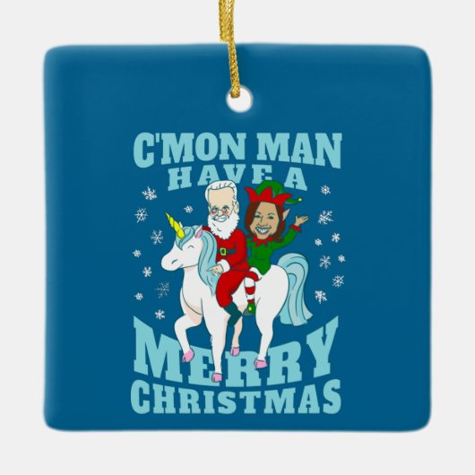 クリスマスサンタジョーバイデン氏カマラハリスユニコーン セラミックオーナメント (正面)
