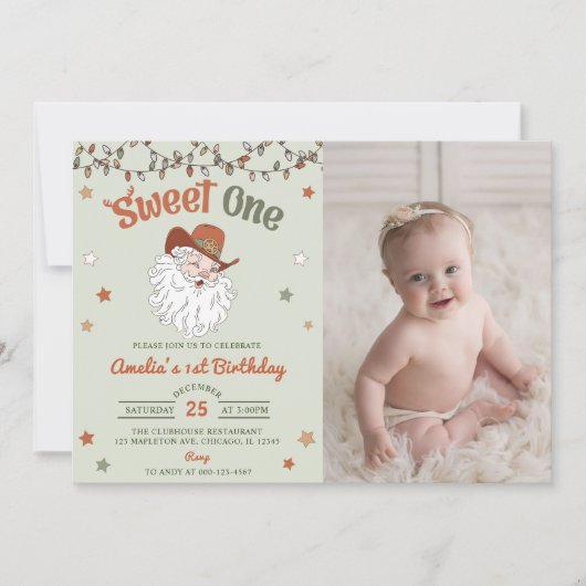 クリスマスサンタスウィートワンバースデーパーティーの写真 招待状 (正面)