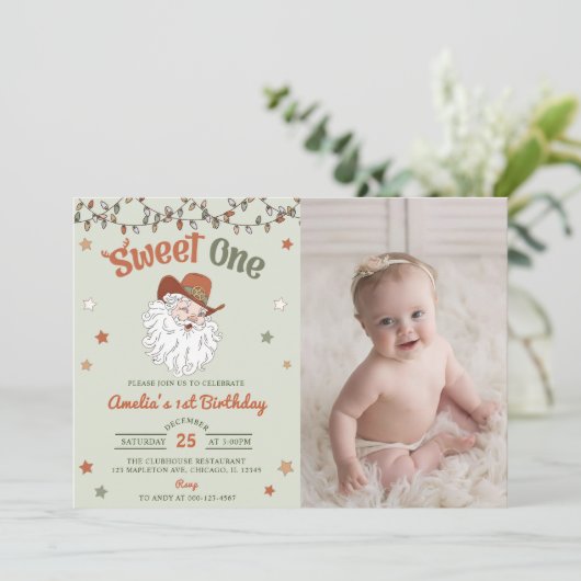 クリスマスサンタスウィートワンバースデーパーティーの写真 招待状 (スタンド正面)