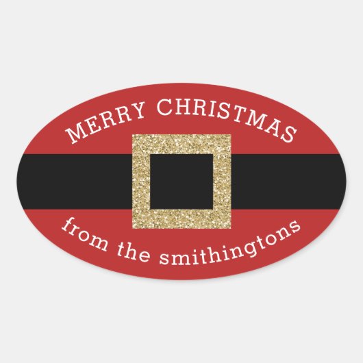 クリスマスサンタスーツ金ゴールド赤パーソナライズされた名 楕円形シール (正面)