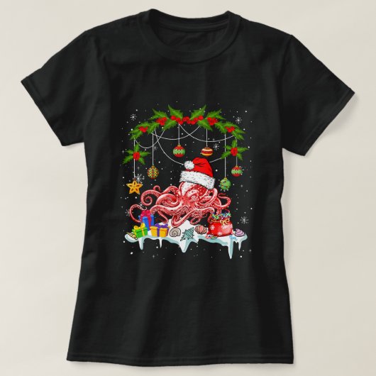 クリスマスサンタタコおもしろいコスチューム海獣L Tシャツ (デザイン正面)