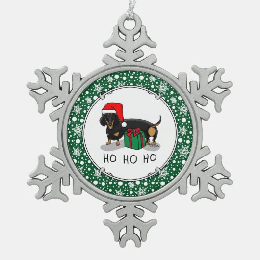 クリスマスサンタダーシュントおもしろい（Sブラック&タン） スノーフレークピューターオーナメント (正面)