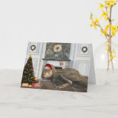 クリスマスサンタティラノサウルス恐竜のシーン カード (黄色い花)