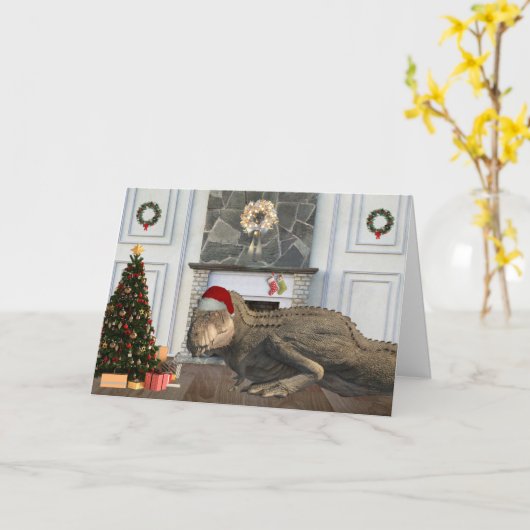 クリスマスサンタティラノサウルス恐竜のシーン カード (黄色い花)