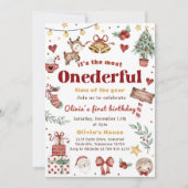 クリスマスサンタトナカイのオネダーフル1歳の誕生日 招待状 (正面)