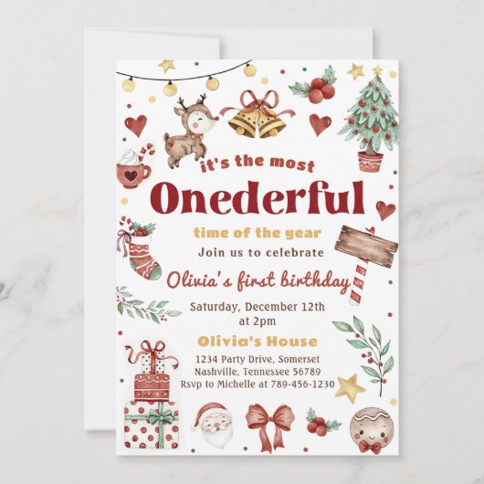 クリスマスサンタトナカイのオネダーフル1歳の誕生日 招待状 (正面)