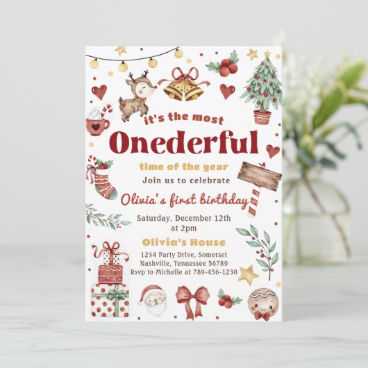 クリスマスサンタトナカイのオネダーフル1歳の誕生日 招待状 (スタンド正面)