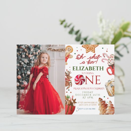 クリスマスサンタトナカイ何おもしろい1st誕生日 招待状 (スタンド正面)