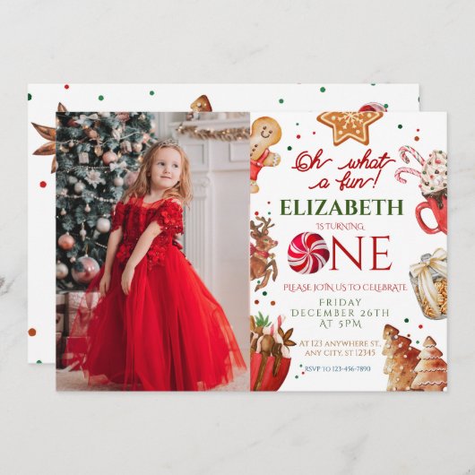 クリスマスサンタトナカイ何おもしろい1st誕生日 招待状 (正面/裏面)