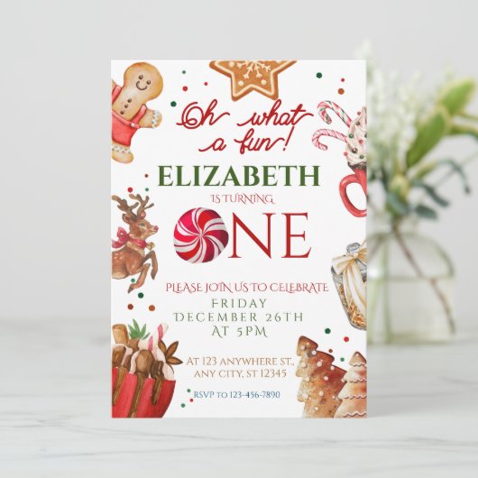 クリスマスサンタトナカイ何おもしろい1st誕生日 招待状 (スタンド正面)
