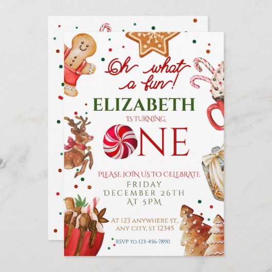 クリスマスサンタトナカイ何おもしろい1st誕生日 招待状 (正面/裏面)