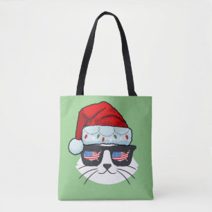 クリスマスサンタハットと猫の顔アメリカ国旗 トートバッグ