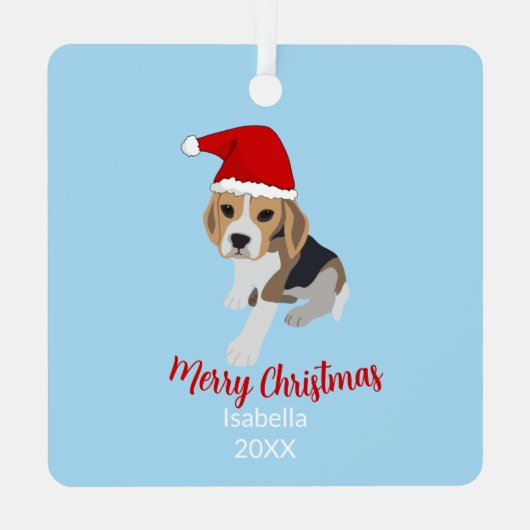クリスマスサンタハットの青いビーグルの子犬クリスマス メタルオーナメント (裏面)