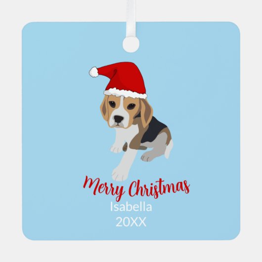 クリスマスサンタハットの青いビーグルの子犬クリスマス メタルオーナメント (正面)